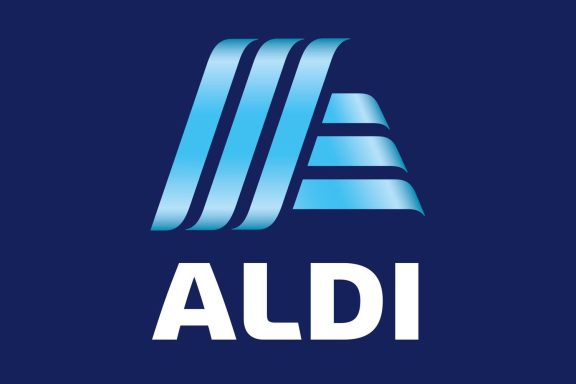ALDI logo featuring blue and white stylised letters on a dark blue background.