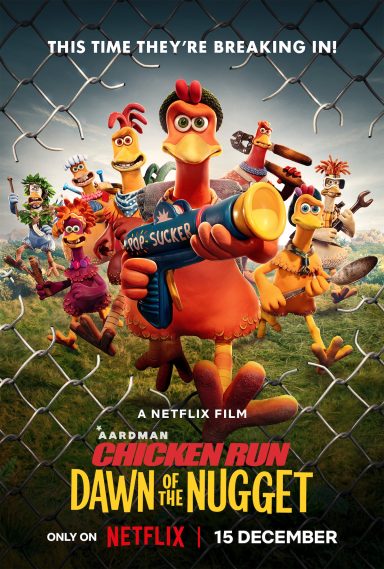 Group of animated chickens and animals, featured in "Chicken Run: Dawn of the Nugget."