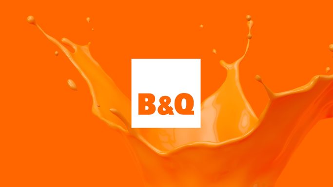 B&Q logo on an orange background with a splash effect.
