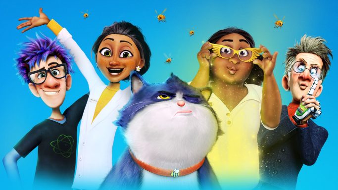 Five animated characters with varied expressions, accompanied by a large cat, against a blue background.